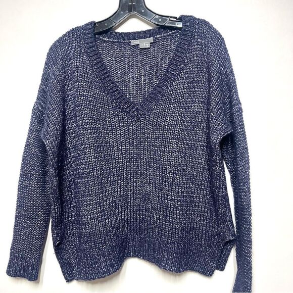 Vince Metallic Textured V Neck Sweater in Navy S - Picture 2 of 13